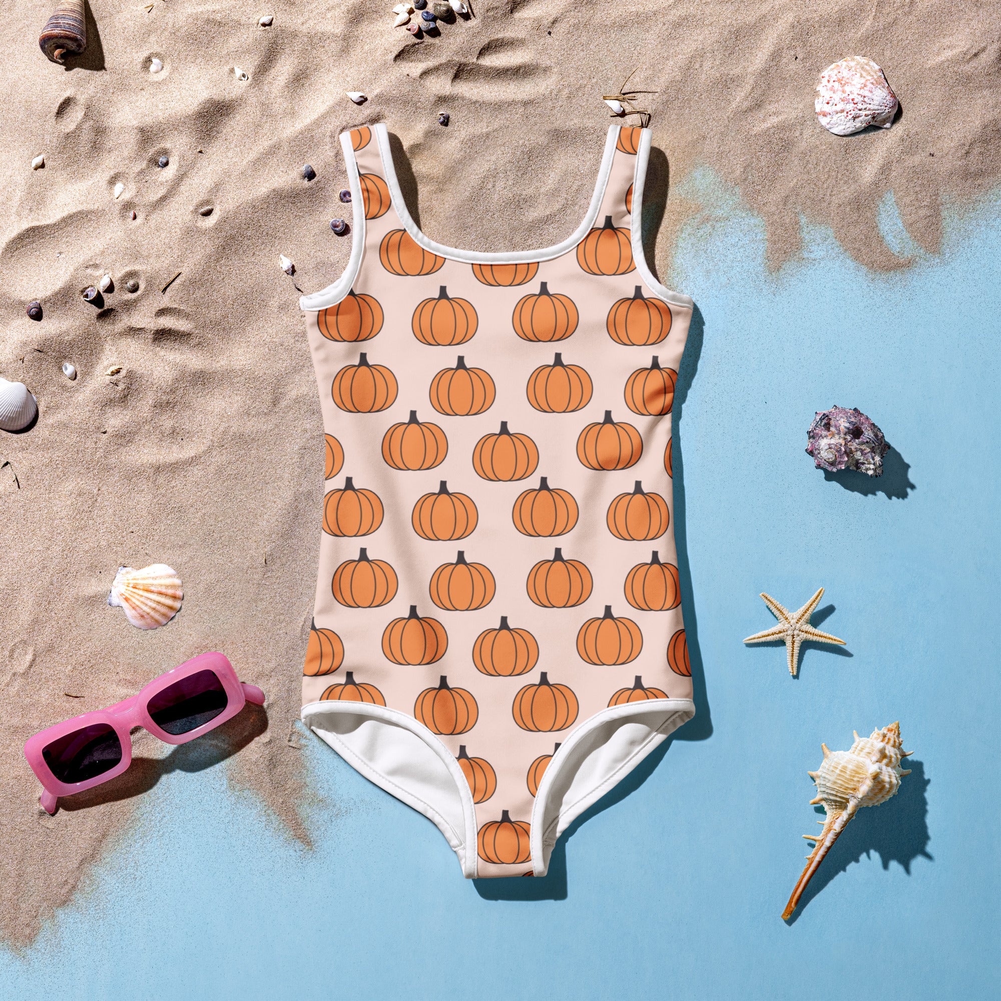 Girls Cute Orange Pumpkin One Piece Swimsuit – Buttery Soft UPF 50+ Sun Protection, Quick Dry, Double Layered Front & 4-Way Stretch