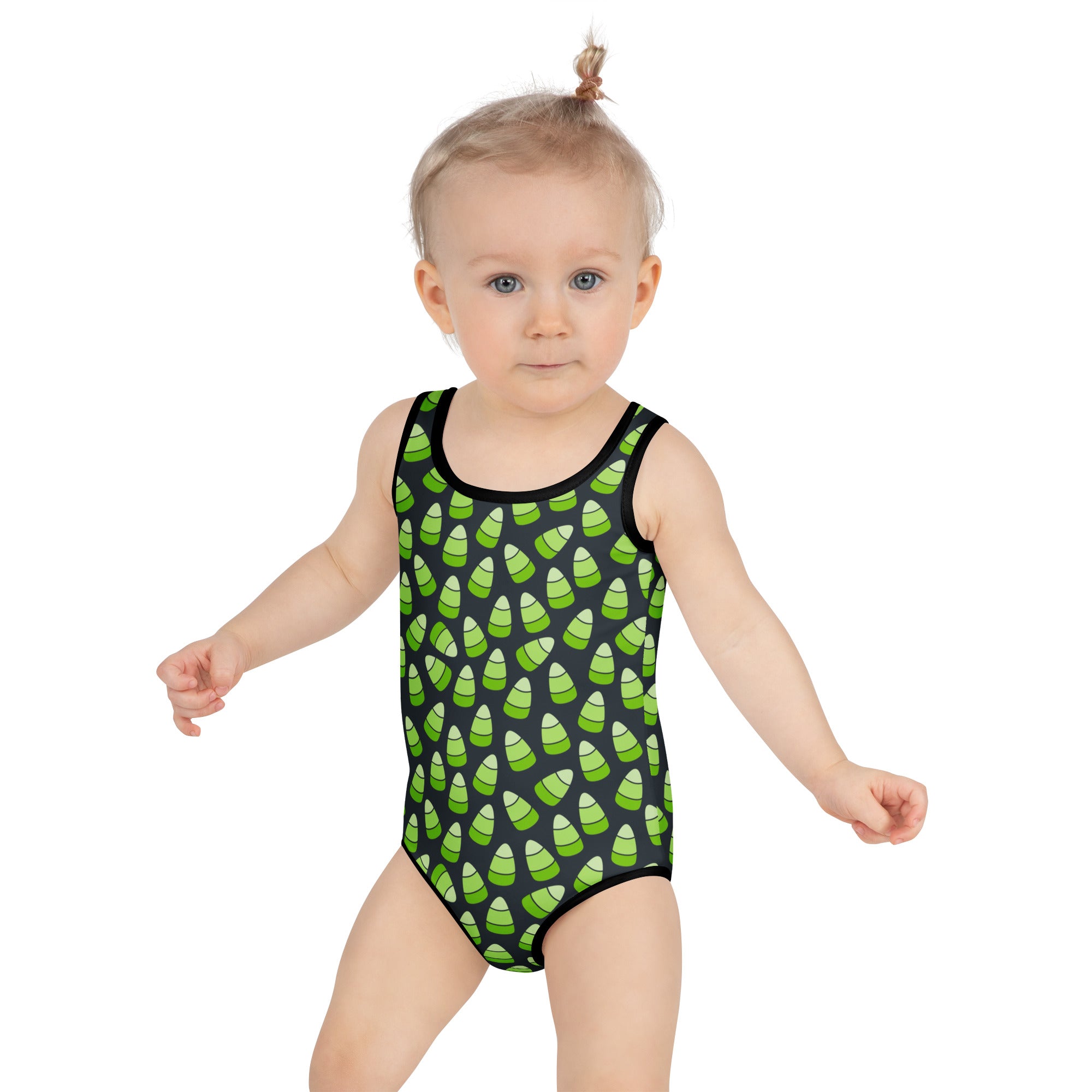 Girls Green Candy Corn Halloween One Piece Swimsuit – Buttery Soft UPF 50+ Sun Protection, Quick Dry, Double Layered Front & 4-Way Stretch