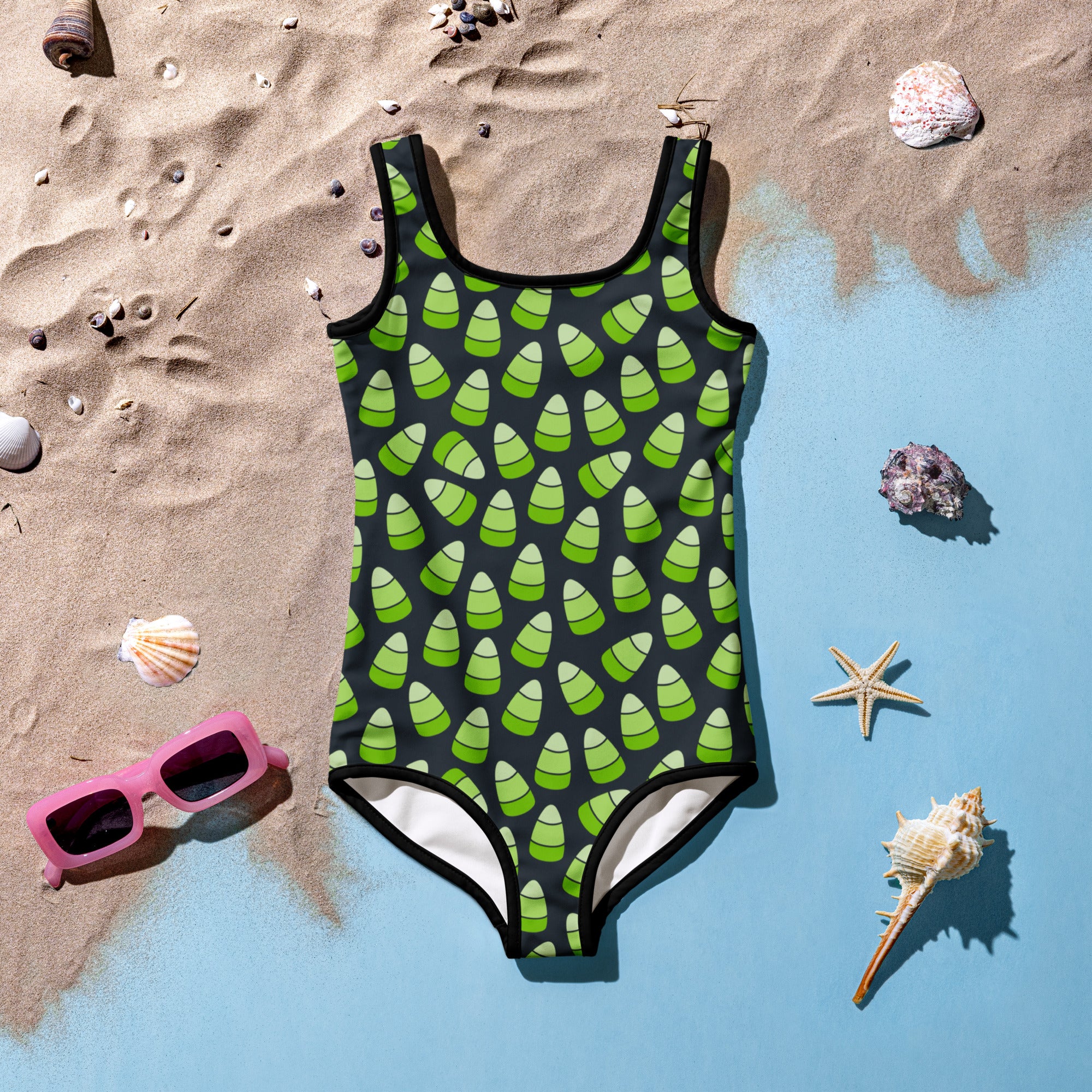 Girls Green Candy Corn Halloween One Piece Swimsuit – Buttery Soft UPF 50+ Sun Protection, Quick Dry, Double Layered Front & 4-Way Stretch