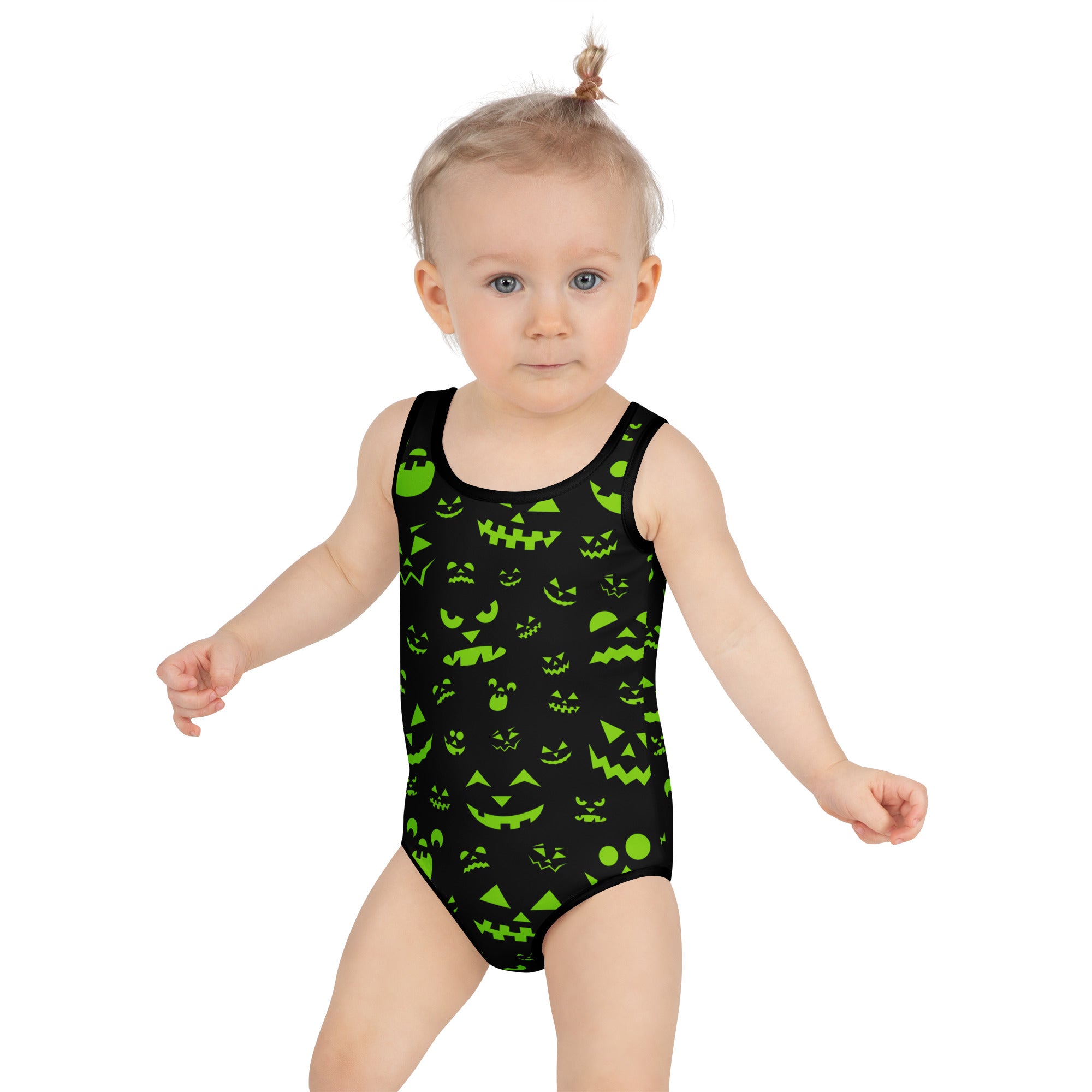 Girls Neon Green Jack O Lantern Halloween One Piece Swimsuit – Buttery Soft UPF 50+ Sun Protection, Quick Dry, Double Layered Front & 4-Way Stretch