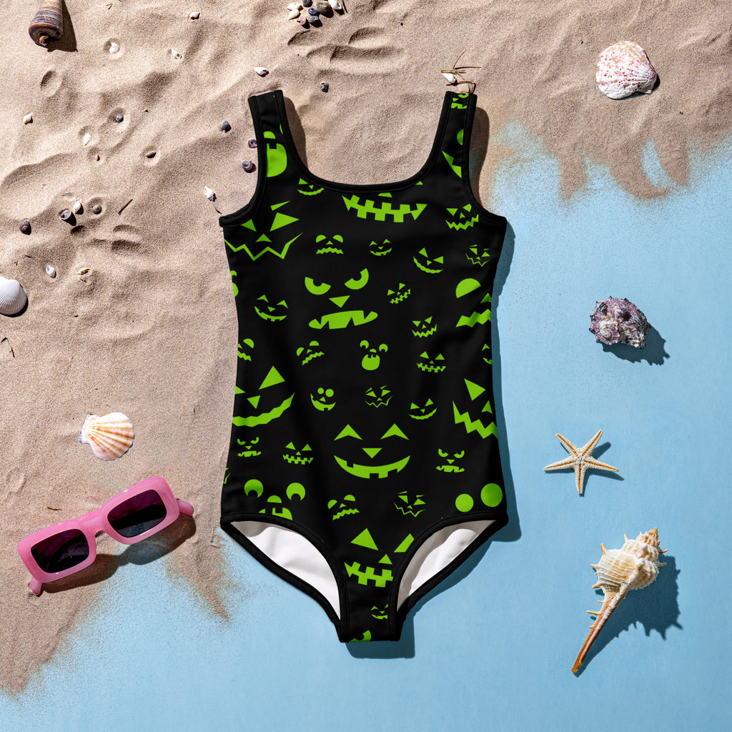 Girls Neon Green Jack O Lantern Halloween One Piece Swimsuit – Buttery Soft UPF 50+ Sun Protection, Quick Dry, Double Layered Front & 4-Way Stretch