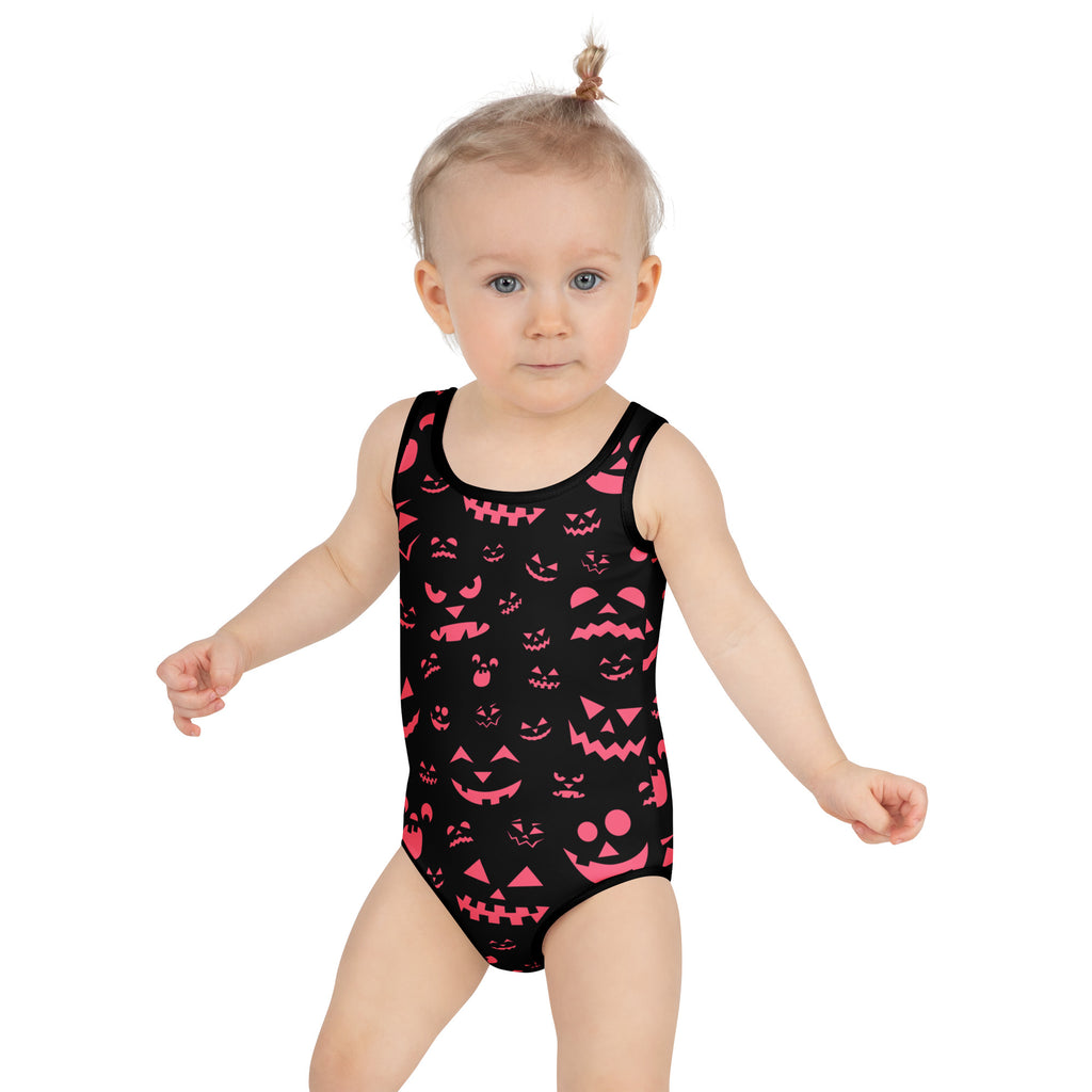 Girls Pink Jack O Lantern Halloween One Piece Swimsuit – Buttery Soft UPF 50+ Sun Protection, Quick Dry, Double Layered Front & 4-Way Stretch