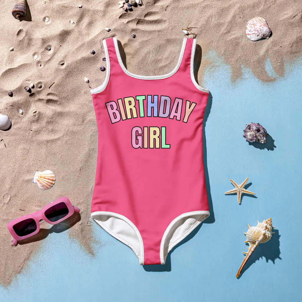 Birthday Girl Pastel Rainbow Font One Piece Swimsuit – Buttery Soft UPF 50+ Sun Protection, Quick Dry, Double Layered Front & 4-Way Stretch