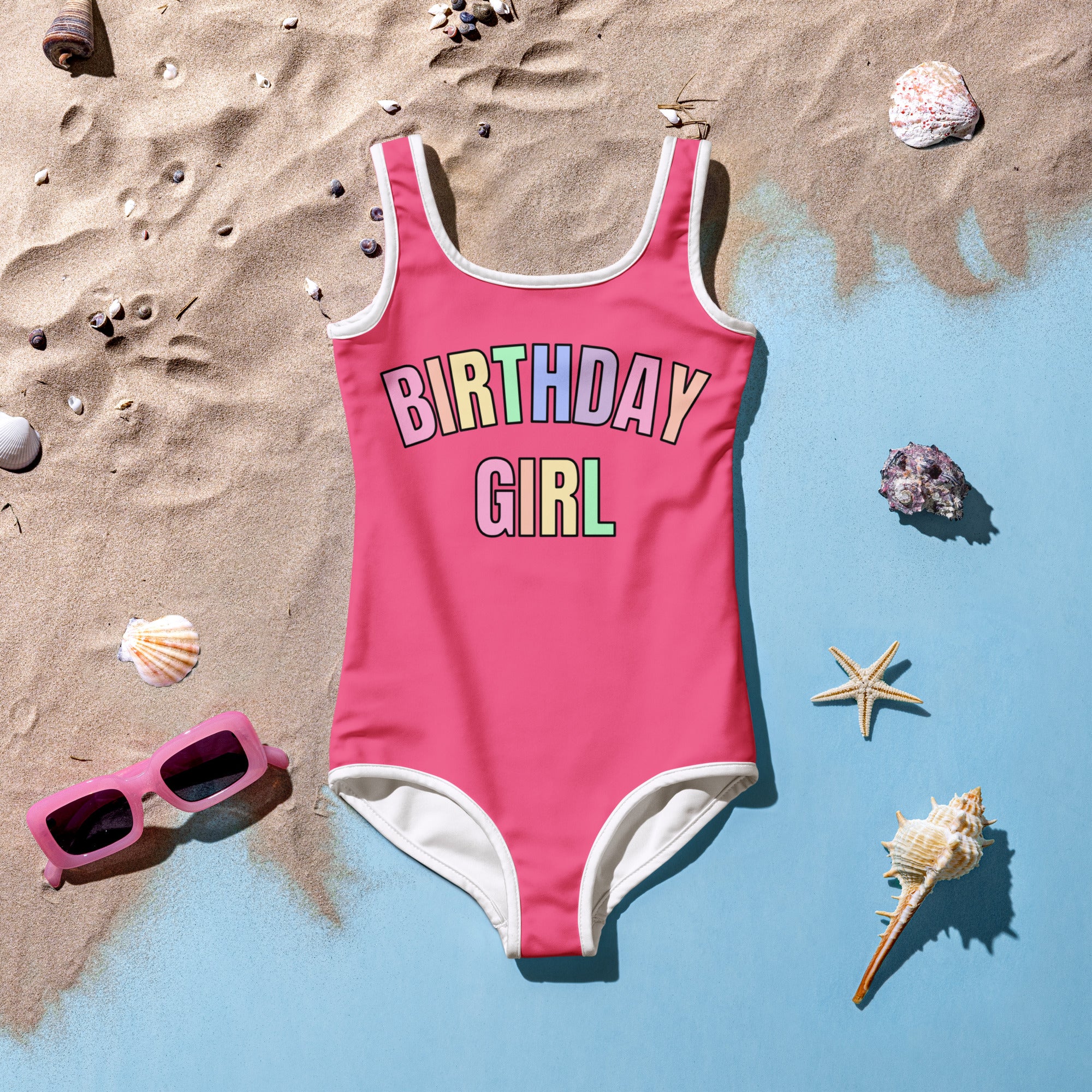 Birthday Girl Pastel Rainbow Font One Piece Swimsuit – Buttery Soft UPF 50+ Sun Protection, Quick Dry, Double Layered Front & 4-Way Stretch