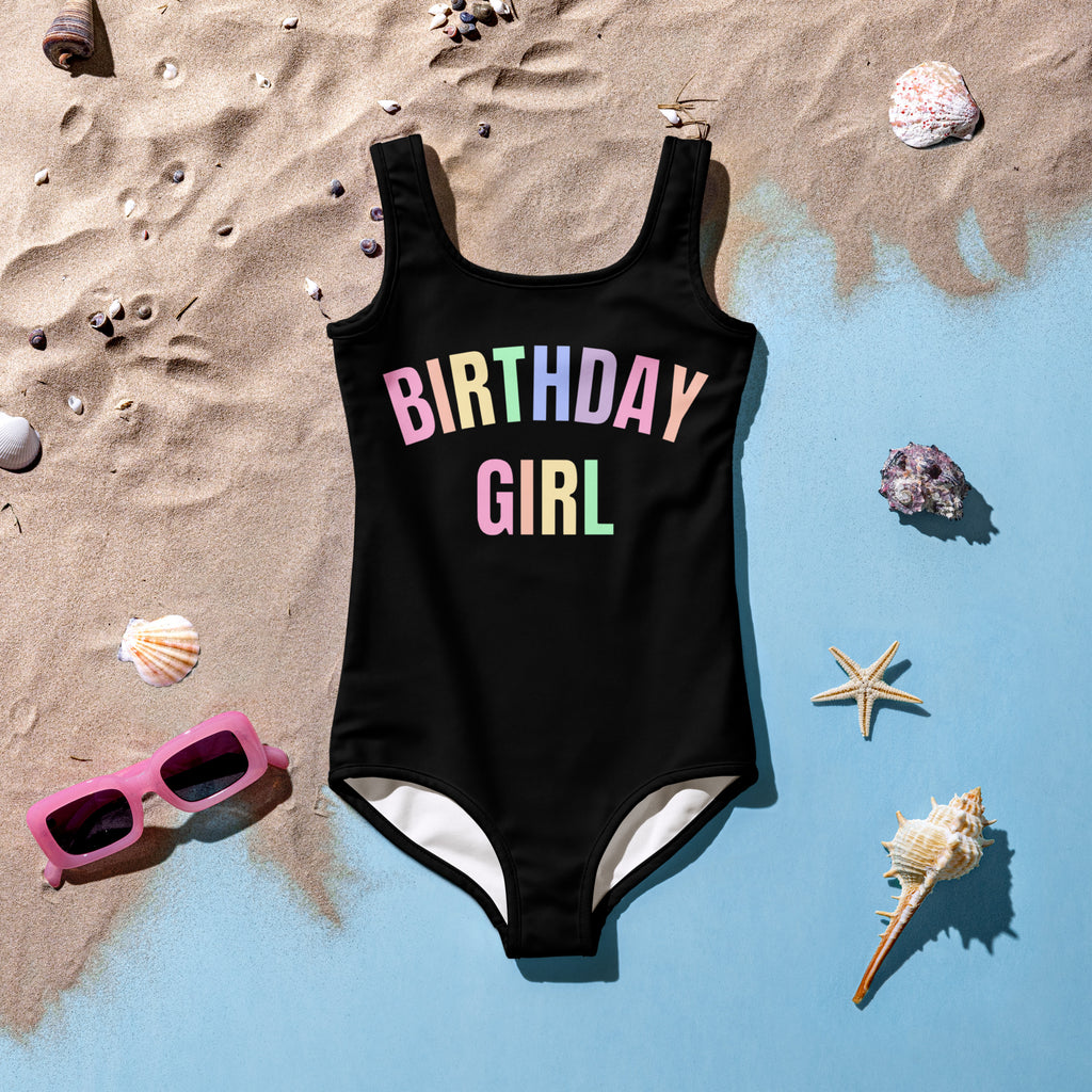 Birthday Girl Pastel Rainbow Font One Piece Swimsuit – Buttery Soft UPF 50+ Sun Protection, Quick Dry, Double Layered Front & 4-Way Stretch