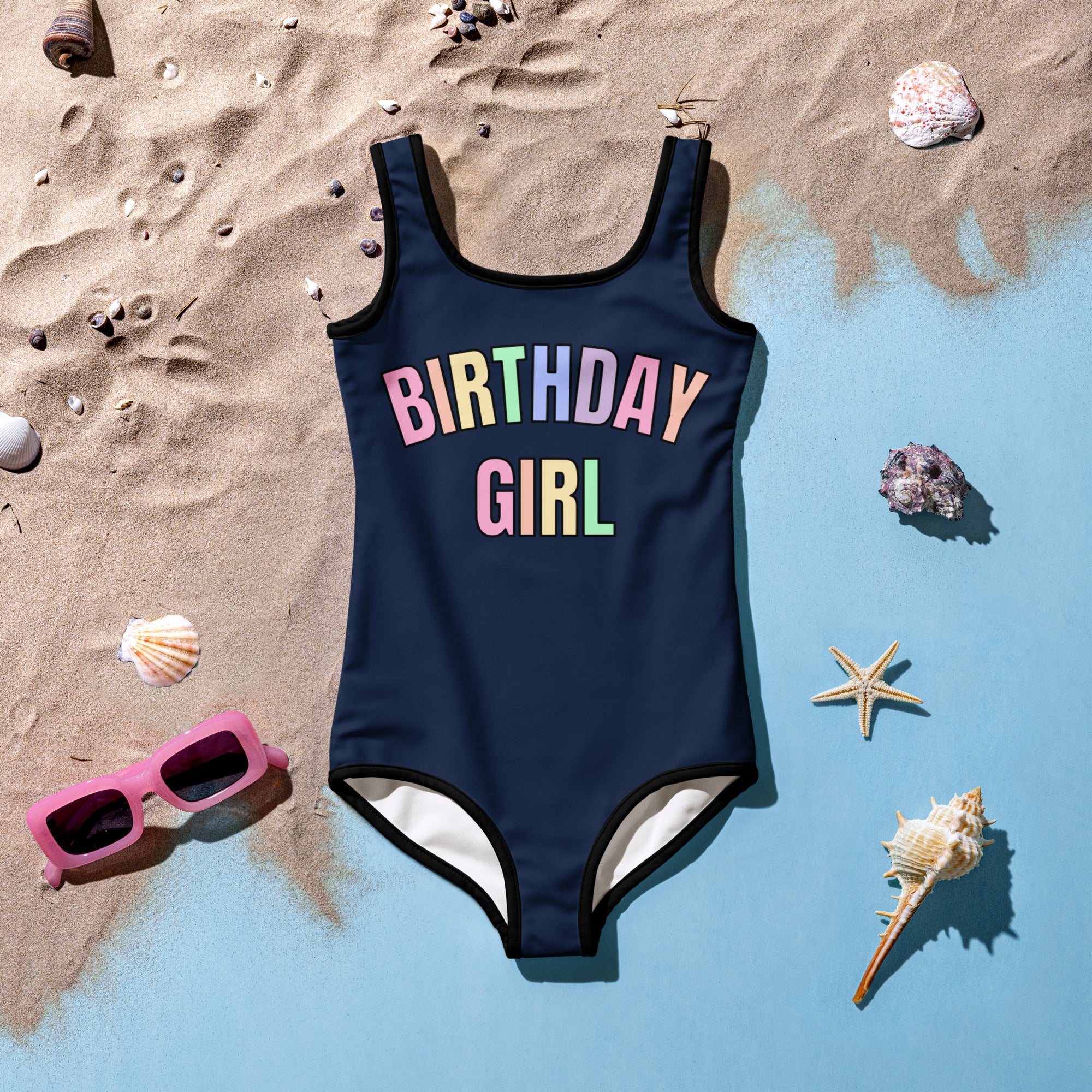 Birthday Girl Pastel Rainbow Font One Piece Swimsuit – Buttery Soft UPF 50+ Sun Protection, Quick Dry, Double Layered Front & 4-Way Stretch