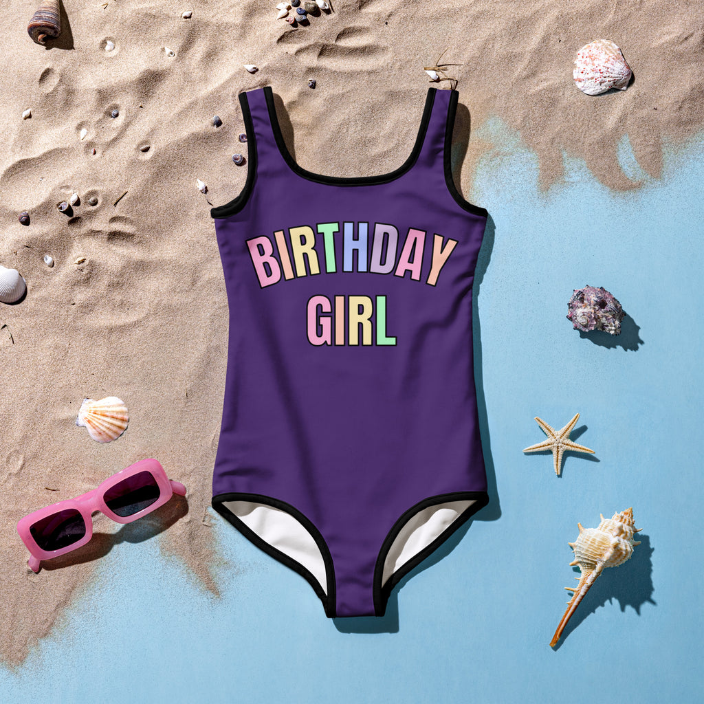 Birthday Girl Pastel Rainbow Font One Piece Swimsuit – Buttery Soft UPF 50+ Sun Protection, Quick Dry, Double Layered Front & 4-Way Stretch