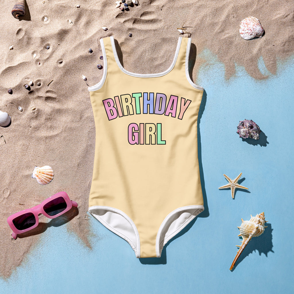 Birthday Girl Pastel Rainbow Font One Piece Swimsuit – Buttery Soft UPF 50+ Sun Protection, Quick Dry, Double Layered Front & 4-Way Stretch