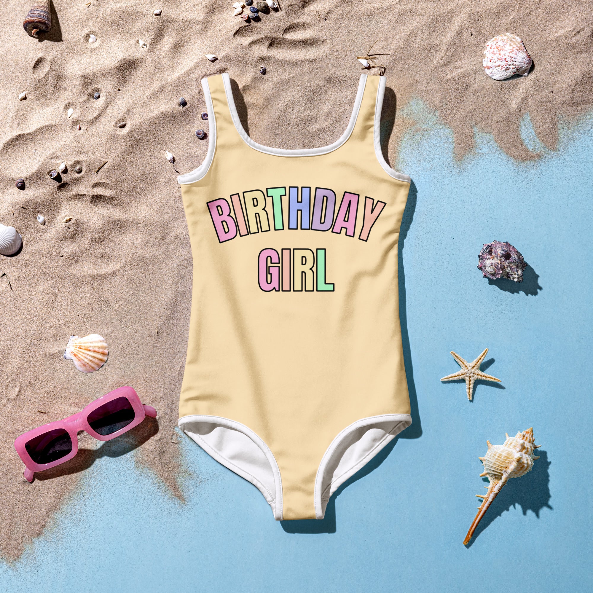 Birthday Girl Pastel Rainbow Font One Piece Swimsuit – Buttery Soft UPF 50+ Sun Protection, Quick Dry, Double Layered Front & 4-Way Stretch