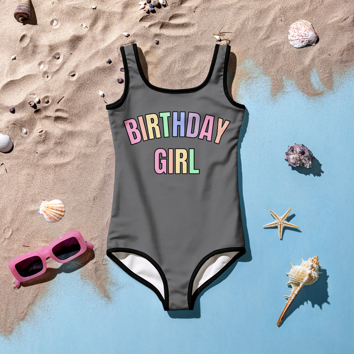 Birthday Girl Pastel Rainbow Font One Piece Swimsuit – Buttery Soft UPF 50+ Sun Protection, Quick Dry, Double Layered Front & 4-Way Stretch