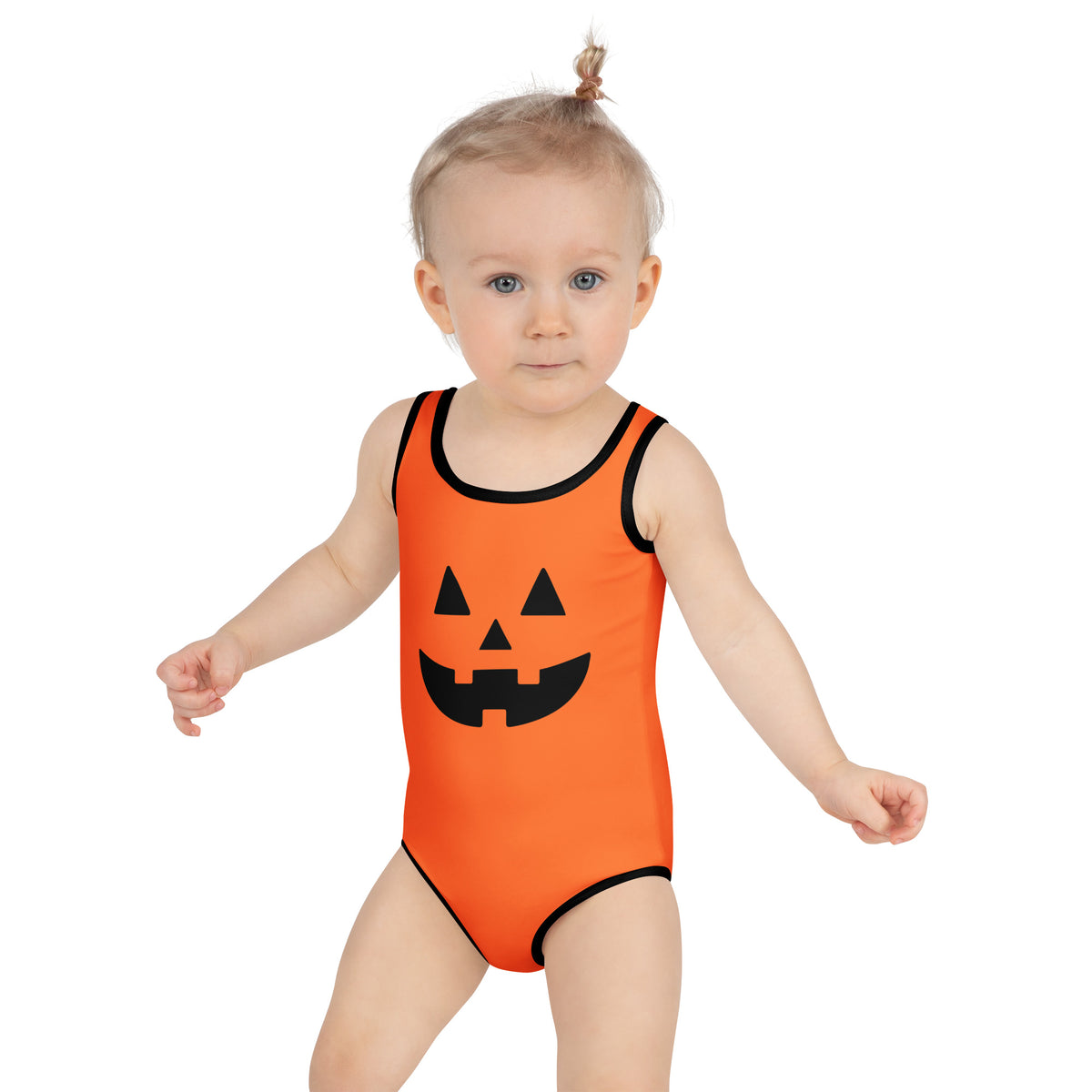 Girls Orange Jack O Lantern Halloween One Piece Swimsuit – Buttery Soft UPF 50+ Sun Protection, Quick Dry, Double Layered Front & 4-Way Stretch