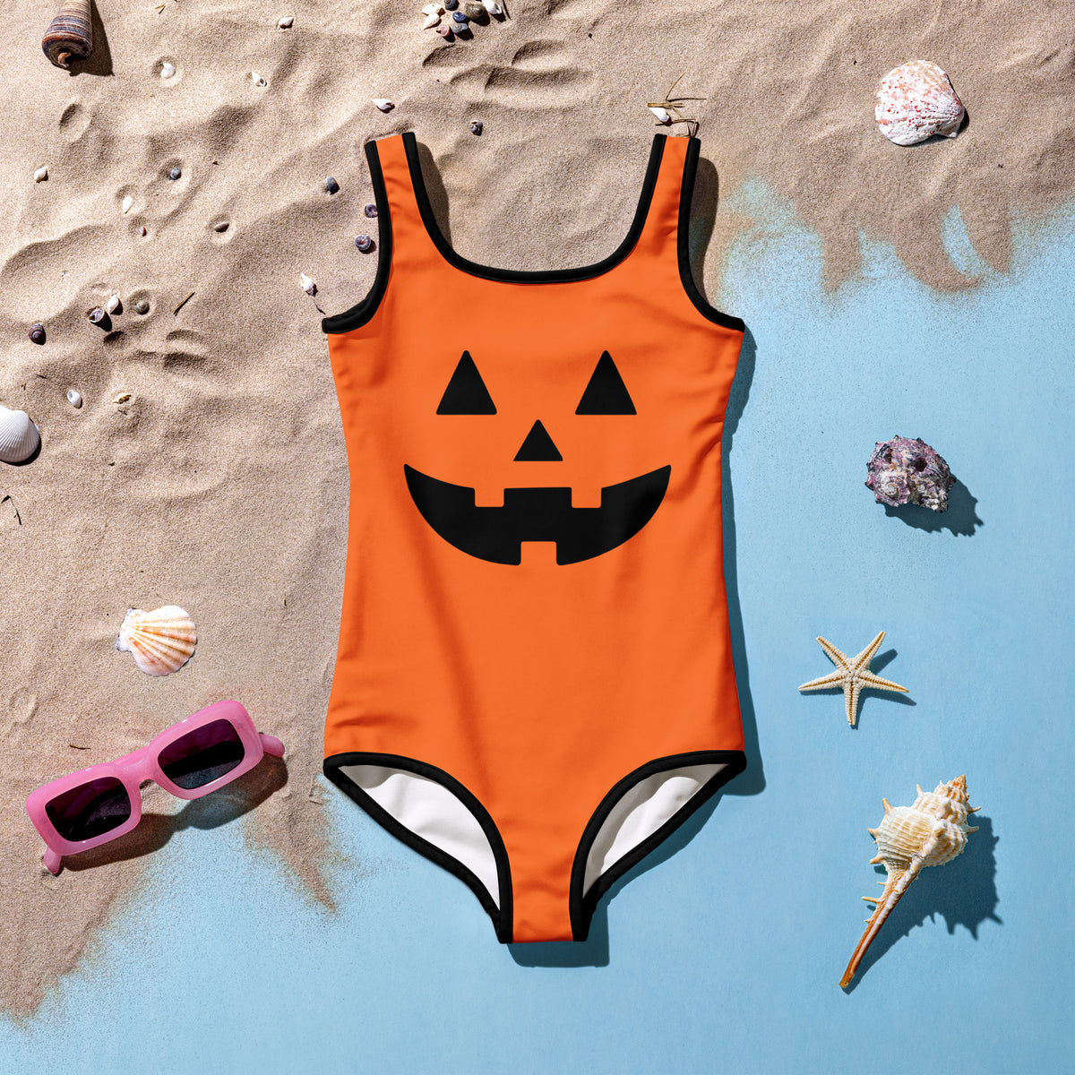 Girls Orange Jack O Lantern Halloween One Piece Swimsuit – Buttery Soft UPF 50+ Sun Protection, Quick Dry, Double Layered Front & 4-Way Stretch