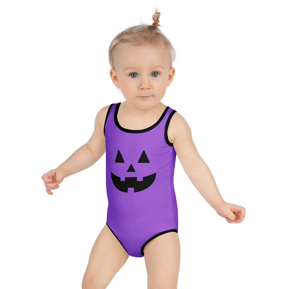 Girls Purple Jack O Lantern Halloween One Piece Swimsuit – Buttery Soft UPF 50+ Sun Protection, Quick Dry, Double Layered Front & 4-Way Stretch