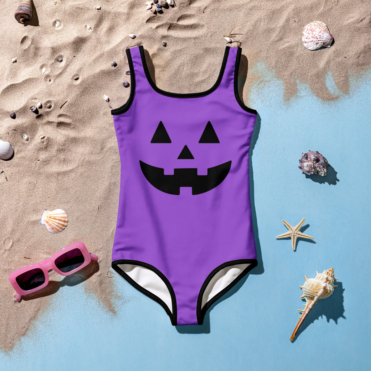 Girls Purple Jack O Lantern Halloween One Piece Swimsuit – Buttery Soft UPF 50+ Sun Protection, Quick Dry, Double Layered Front & 4-Way Stretch