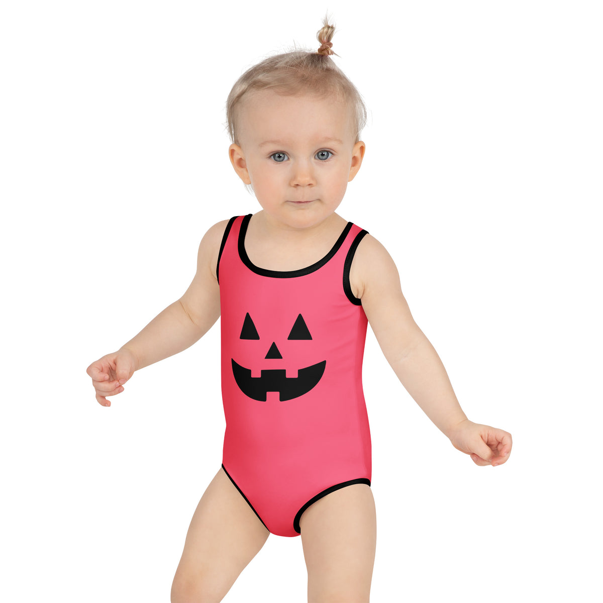 Girls Pink Jack O Lantern Halloween One Piece Swimsuit – Buttery Soft UPF 50+ Sun Protection, Quick Dry, Double Layered Front & 4-Way Stretch