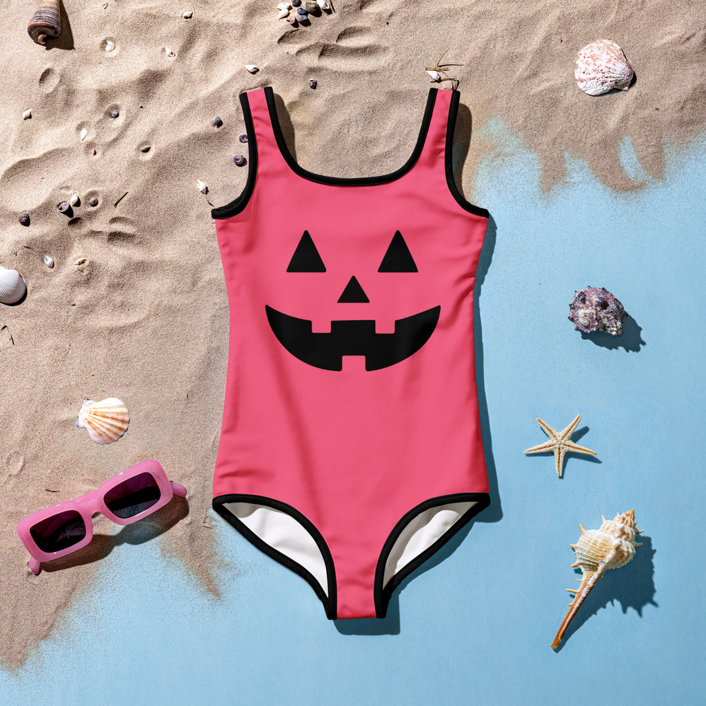 Girls Pink Jack O Lantern Halloween One Piece Swimsuit – Buttery Soft UPF 50+ Sun Protection, Quick Dry, Double Layered Front & 4-Way Stretch