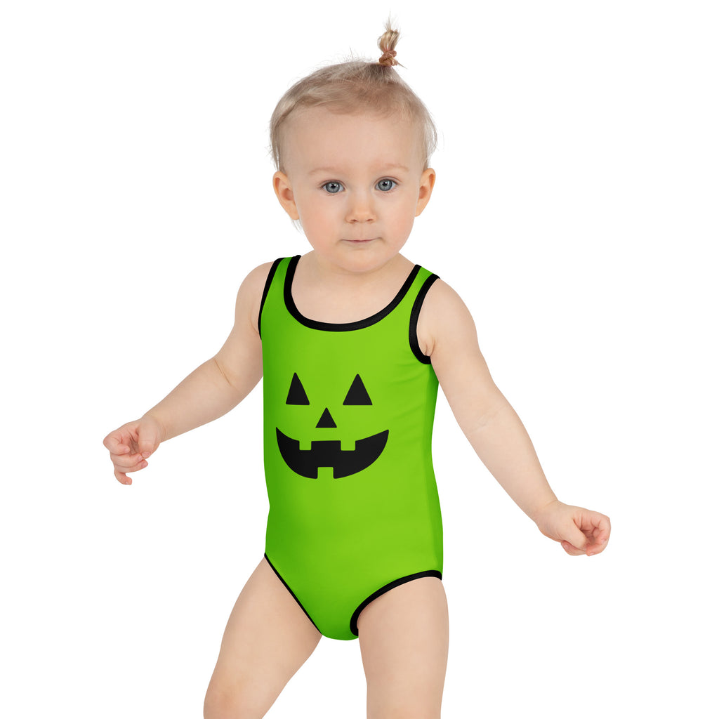 Girls Green Jack O Lantern Halloween One Piece Swimsuit – Buttery Soft UPF 50+ Sun Protection, Quick Dry, Double Layered Front & 4-Way Stretch