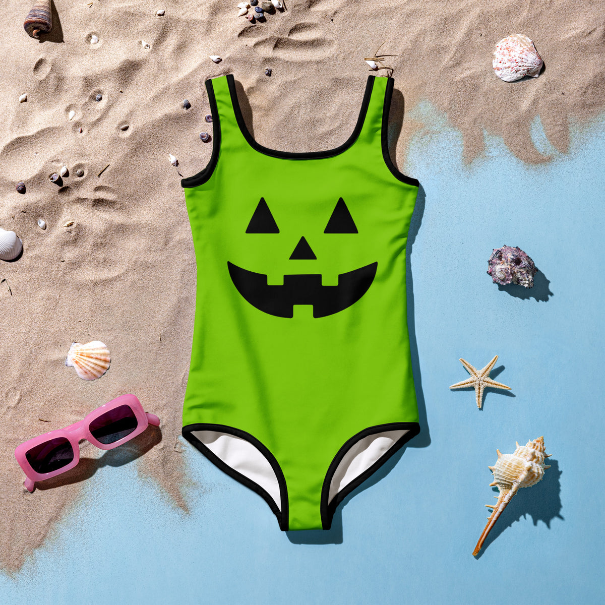 Girls Green Jack O Lantern Halloween One Piece Swimsuit – Buttery Soft UPF 50+ Sun Protection, Quick Dry, Double Layered Front & 4-Way Stretch