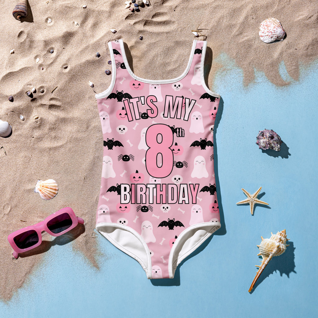 Girls Pink Halloween Custom Age It's My Birthday One Piece Swimsuit – Buttery Soft UPF 50+ Sun Protection, Quick Dry, Double Layered Front & 4-Way Stretch