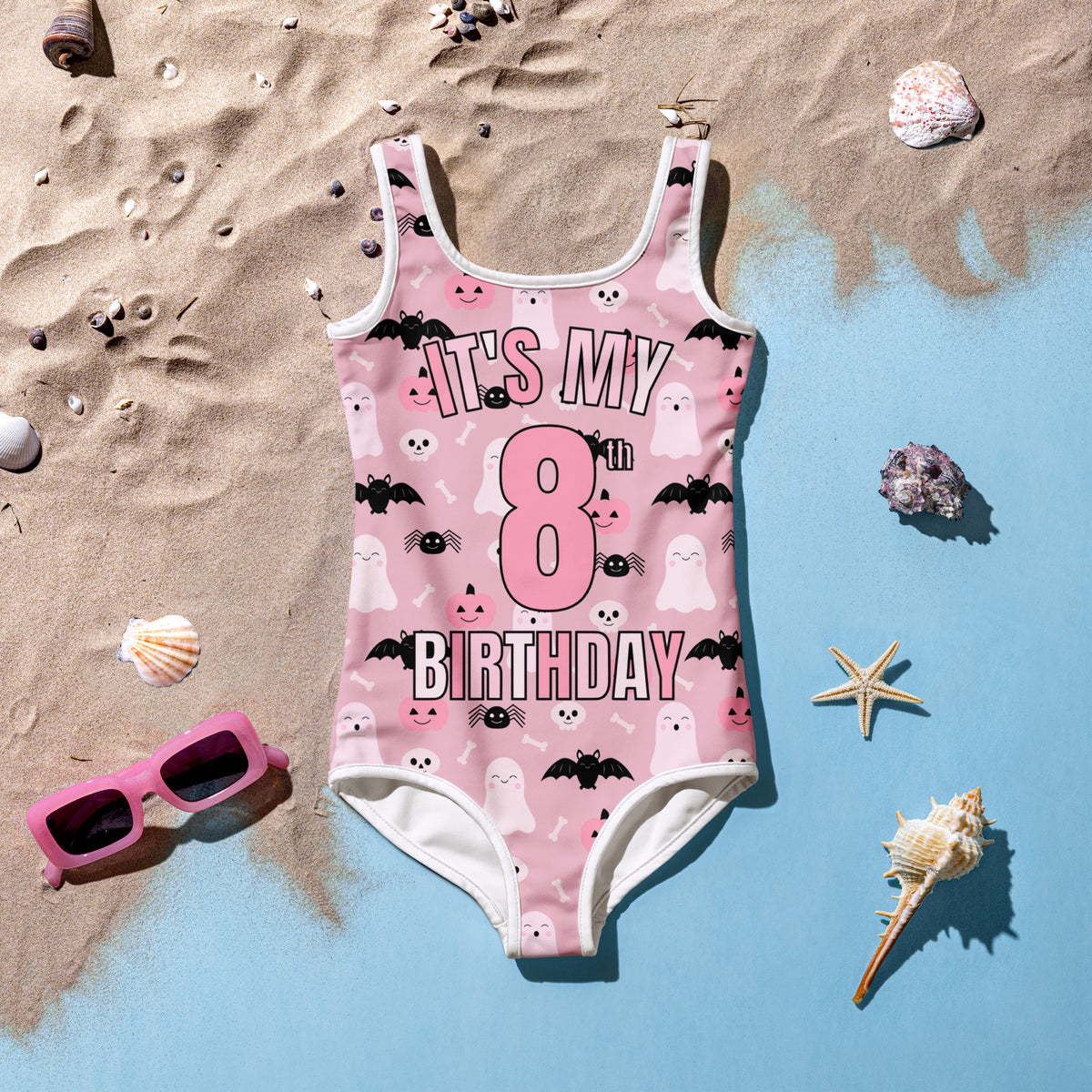 Girls Pink Halloween Custom Age It's My Birthday One Piece Swimsuit – Buttery Soft UPF 50+ Sun Protection, Quick Dry, Double Layered Front & 4-Way Stretch