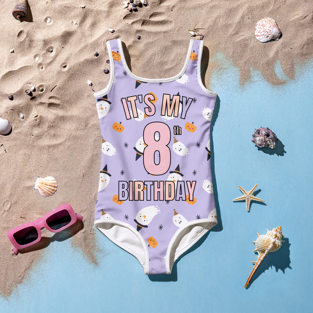 Girls Witch Ghost Halloween Custom Age It's My Birthday One Piece Swimsuit – Buttery Soft UPF 50+ Sun Protection, Quick Dry, Double Layered Front & 4-Way Stretch