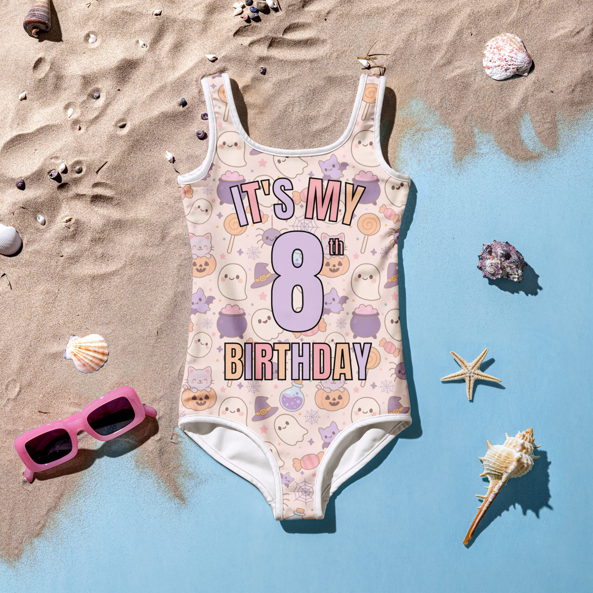 Girls Colorful Halloween Custom Age It's My Birthday One Piece Swimsuit – Buttery Soft UPF 50+ Sun Protection, Quick Dry, Double Layered Front & 4-Way Stretch