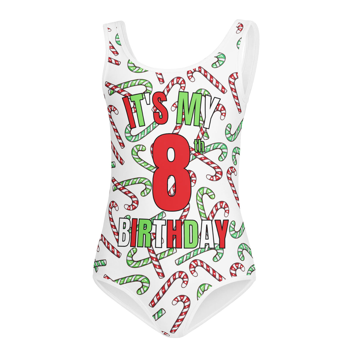 Girls Red & Green Candy Cane Custom Age It's My Birthday Christmas Leotard – Buttery-Soft, Quick-Dry 4-Way Stretch Comfort for Dance & Gymnastics