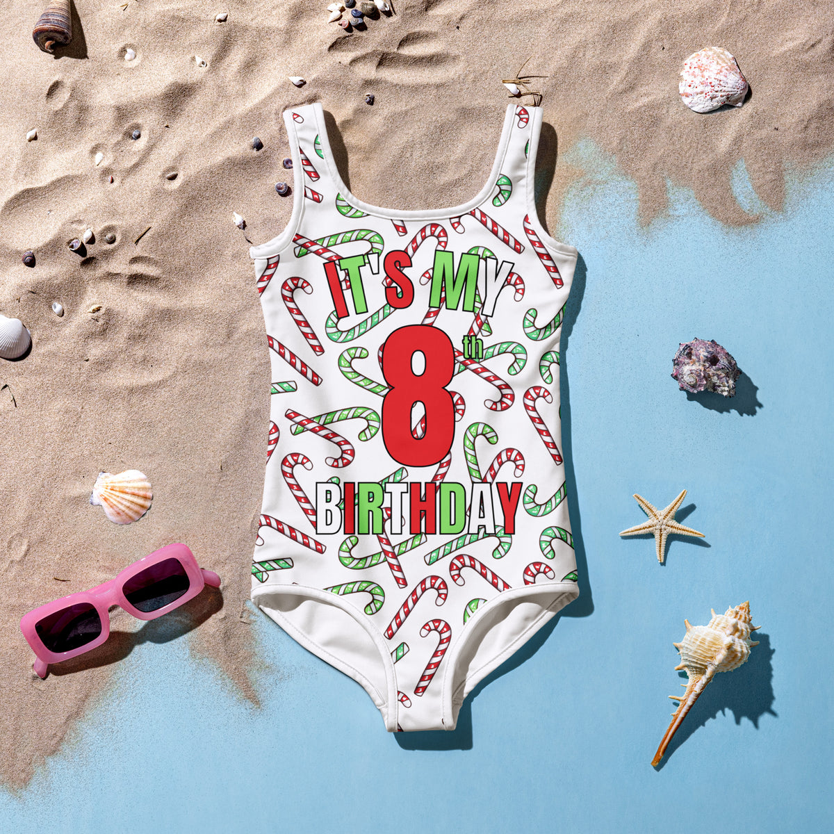 Girls Red & Green Candy Cane Custom Age It's My Birthday One Piece Christmas Swimsuit – Buttery Soft UPF 50+ Sun Protection, Quick Dry, Double Layered Front & 4-Way Stretch