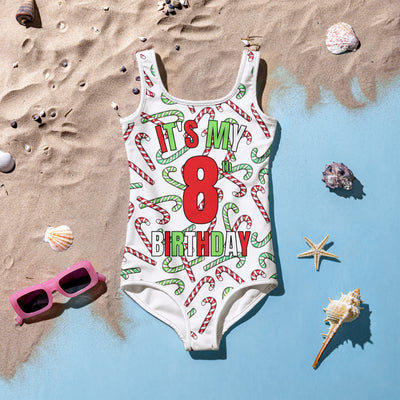 Girls Red & Green Candy Cane Custom Age It's My Birthday One Piece Christmas Swimsuit – Buttery Soft UPF 50+ Sun Protection, Quick Dry, Double Layered Front & 4-Way Stretch