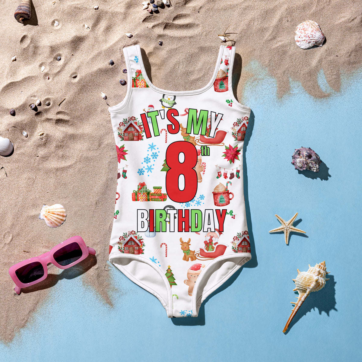 Girls Christmas Themed Custom Age It's My Birthday One Piece Christmas Swimsuit – Buttery Soft UPF 50+ Sun Protection, Quick Dry, Double Layered Front & 4-Way Stretch
