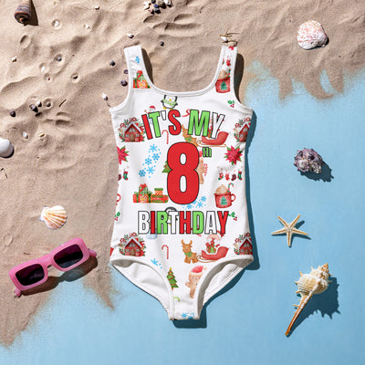 Girls Christmas Themed Custom Age It's My Birthday One Piece Swimsuit – Buttery Soft UPF 50+ Sun Protection, Quick Dry, Double Layered Front & 4-Way Stretch