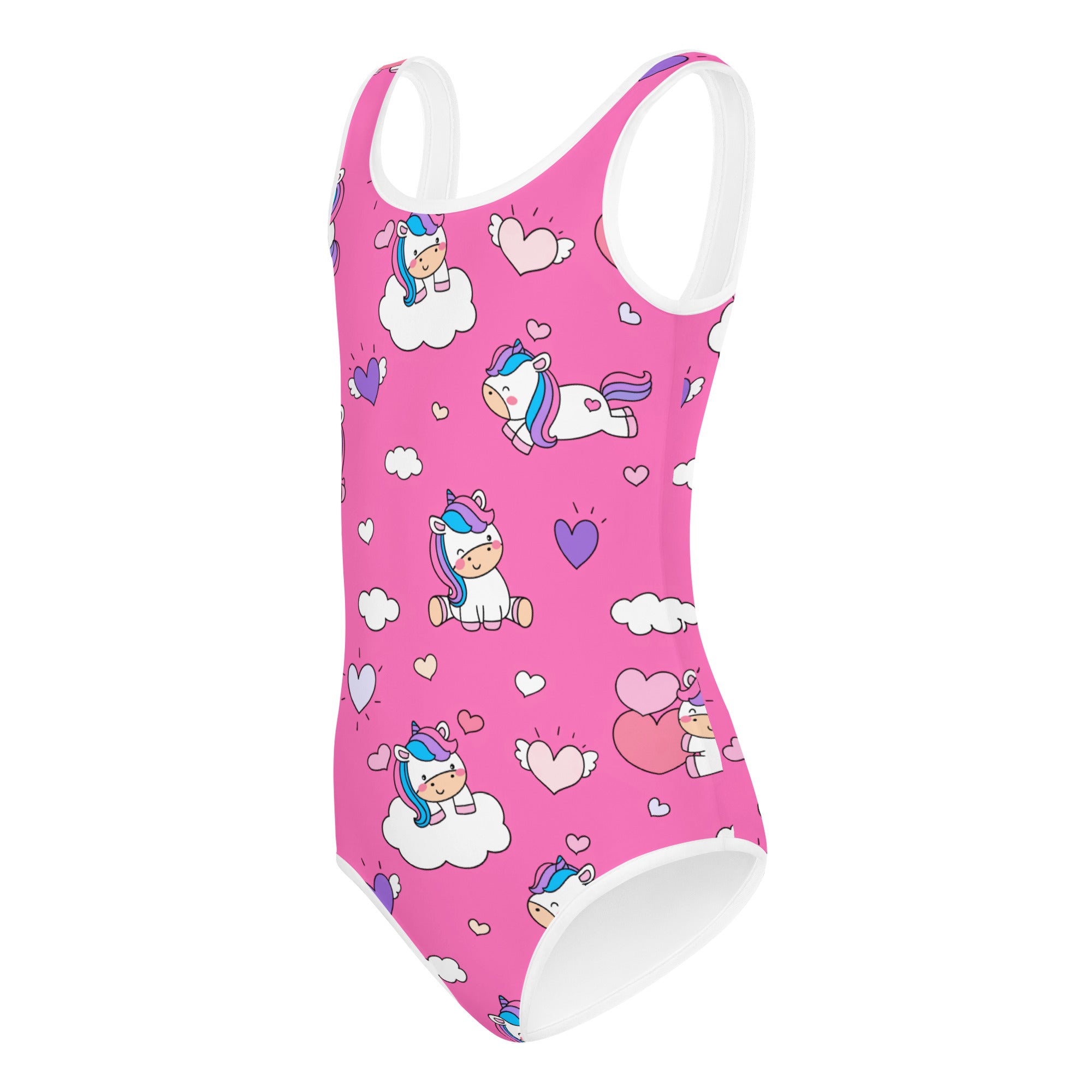 Pink kids swimsuit with cute unicorn, heart, and cloud pattern, sleeveless design