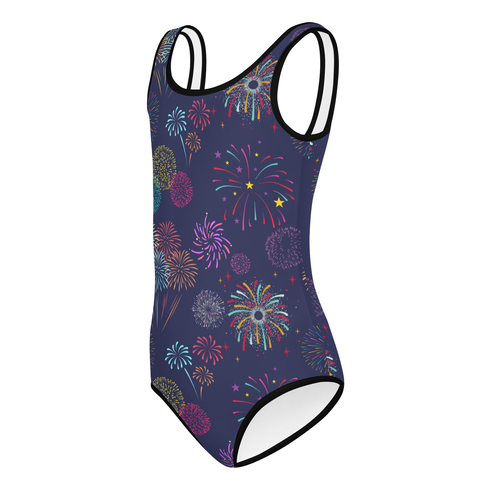 Girls fireworks 4th of July buttery soft navy blue one-piece swimsuit with vibrant multicolored fireworks pattern and black trim