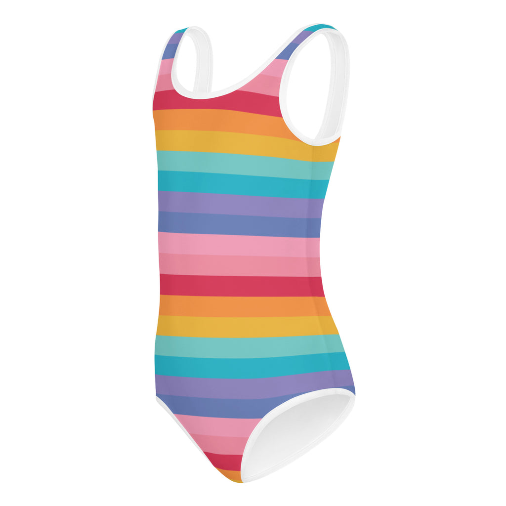 Girls bright striped rainbow one-piece swimsuit with white trim made from buttery soft quick-drying fabric for dance and gymnastics