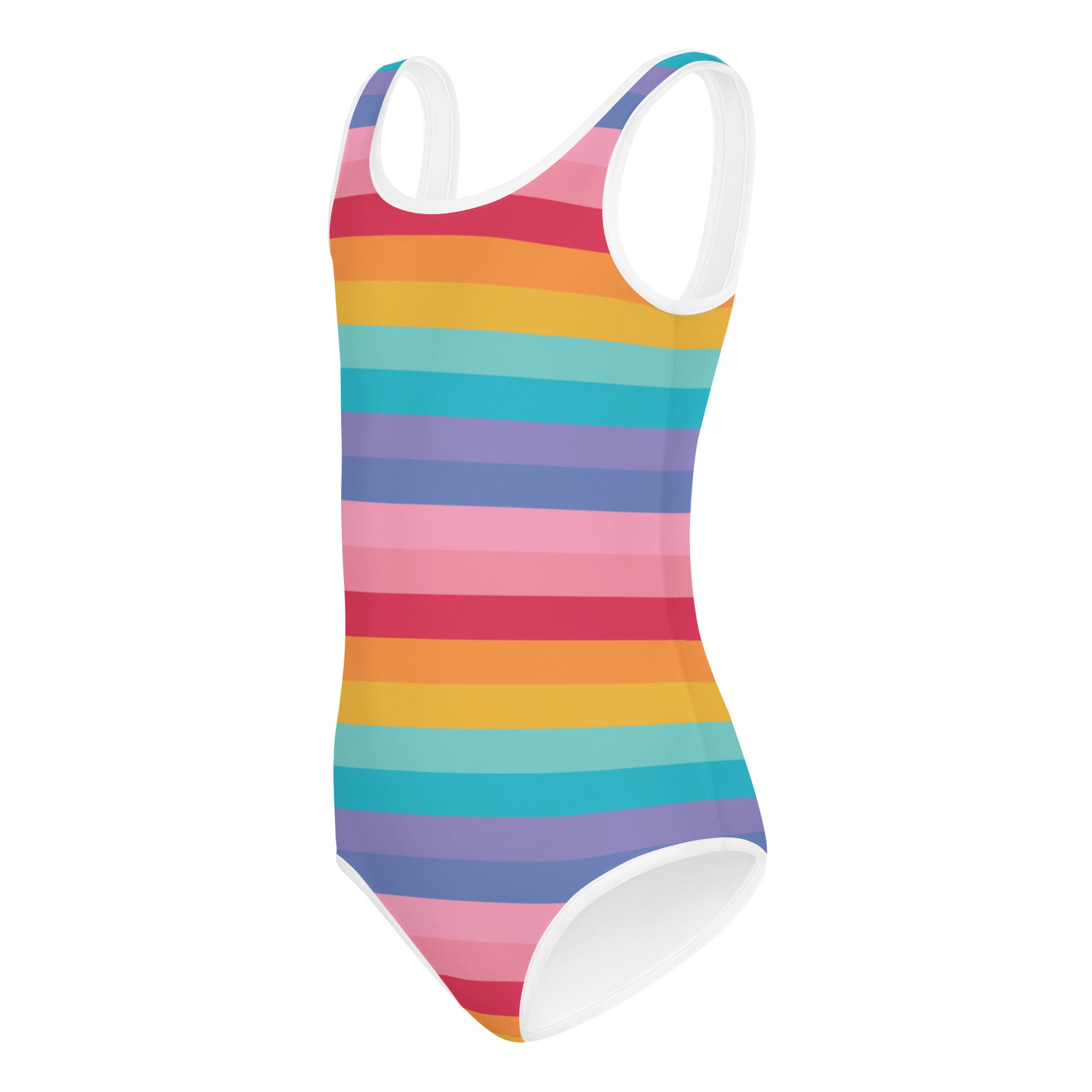 Girls bright striped rainbow one-piece swimsuit with white trim made from buttery soft quick-drying fabric for dance and gymnastics