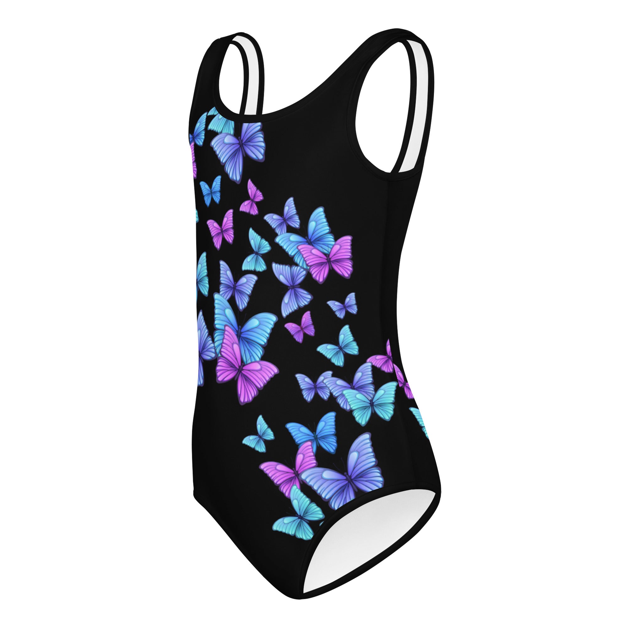 Girls vibrant butterfly buttery soft black leotard with thin white straps and blue purple butterfly pattern for dance