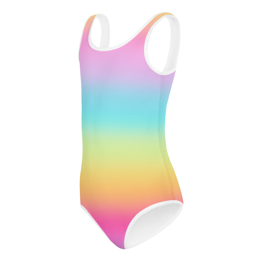 Girls bright rainbow buttery soft one-piece swimsuit with white trim quick drying for dance and gymnastics
