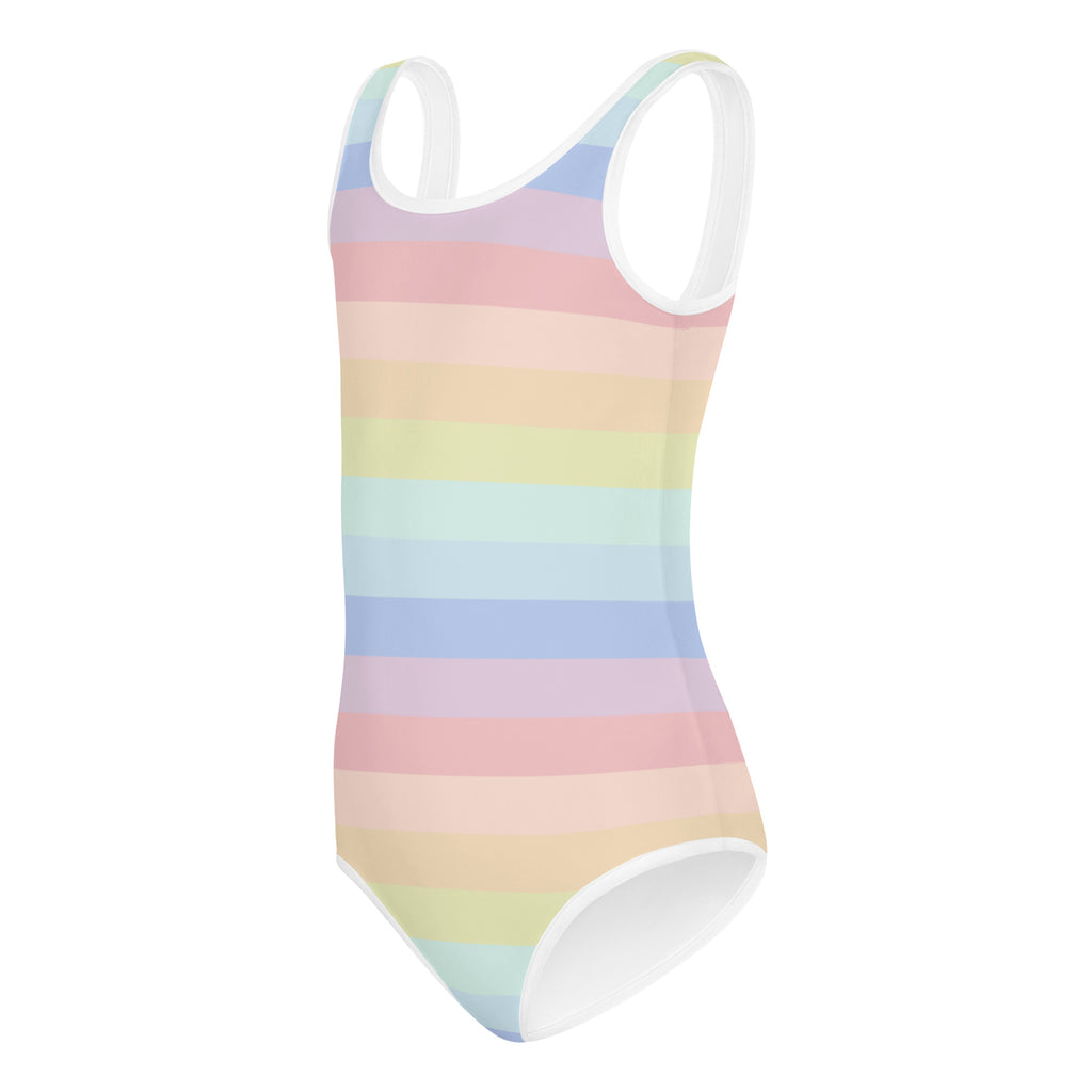 Pastel rainbow-striped girls leotard with white trim made of buttery soft quick-drying fabric for dance and gymnastics