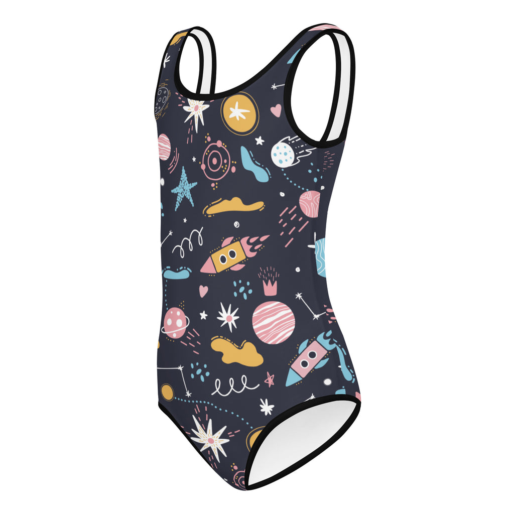 Navy blue girls outer space buttery soft quick drying leotard with colorful cartoon planets and rockets for dance and gymnastics