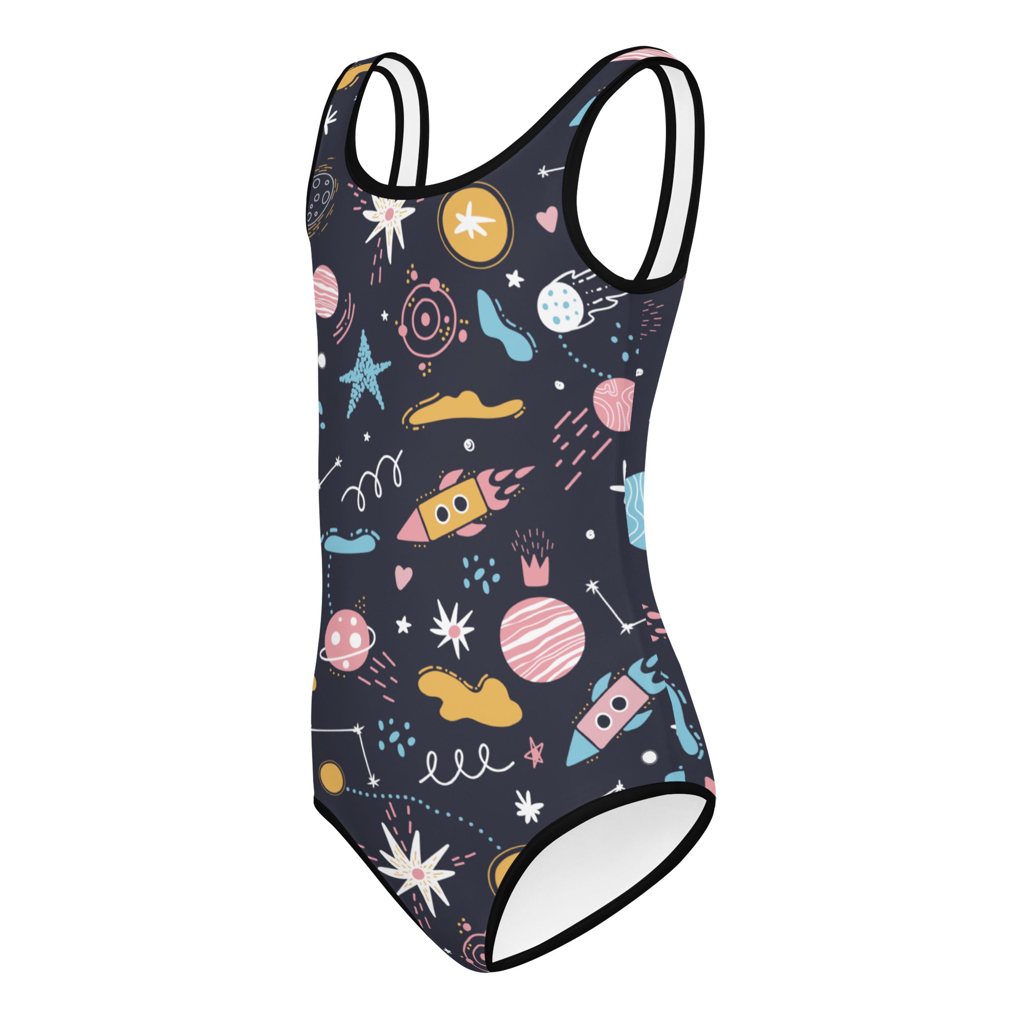 Navy blue girls outer space buttery soft quick drying leotard with colorful cartoon planets and rockets for dance and gymnastics