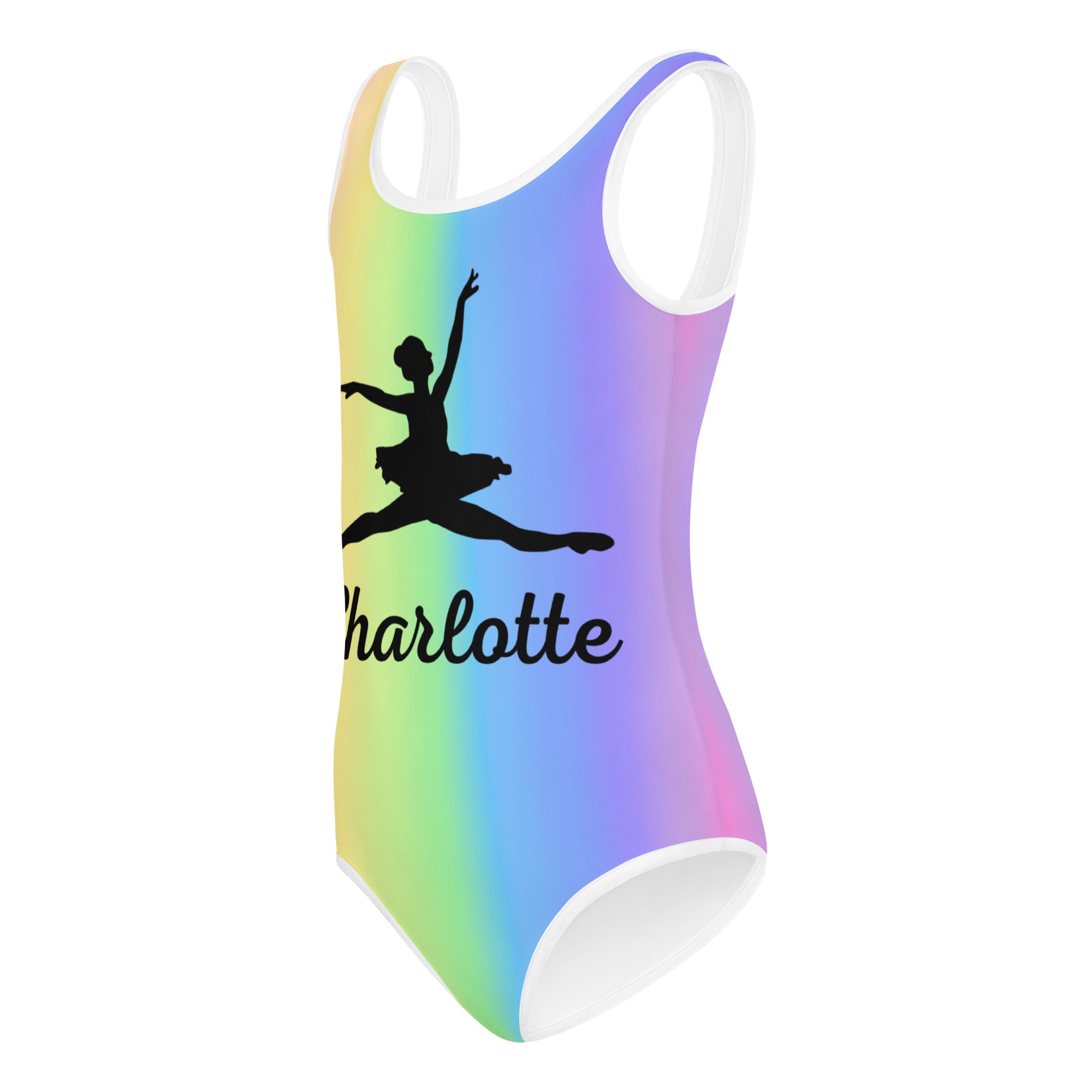 Girls custom rainbow gradient one-piece swimsuit with white trim, leaping ballerina silhouette, and name charlotte in script