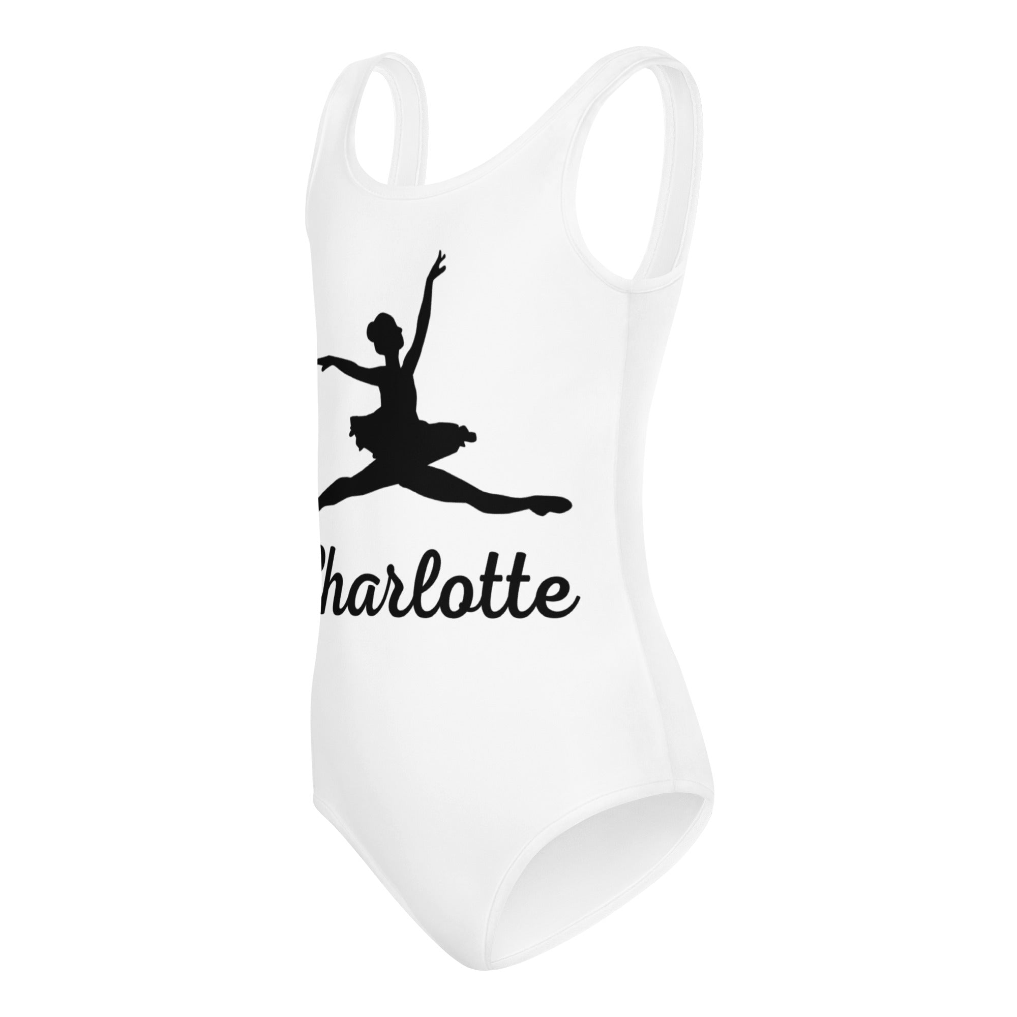 White girls custom name ballerina leotard with black ballerina silhouette and name charlotte quick drying soft material