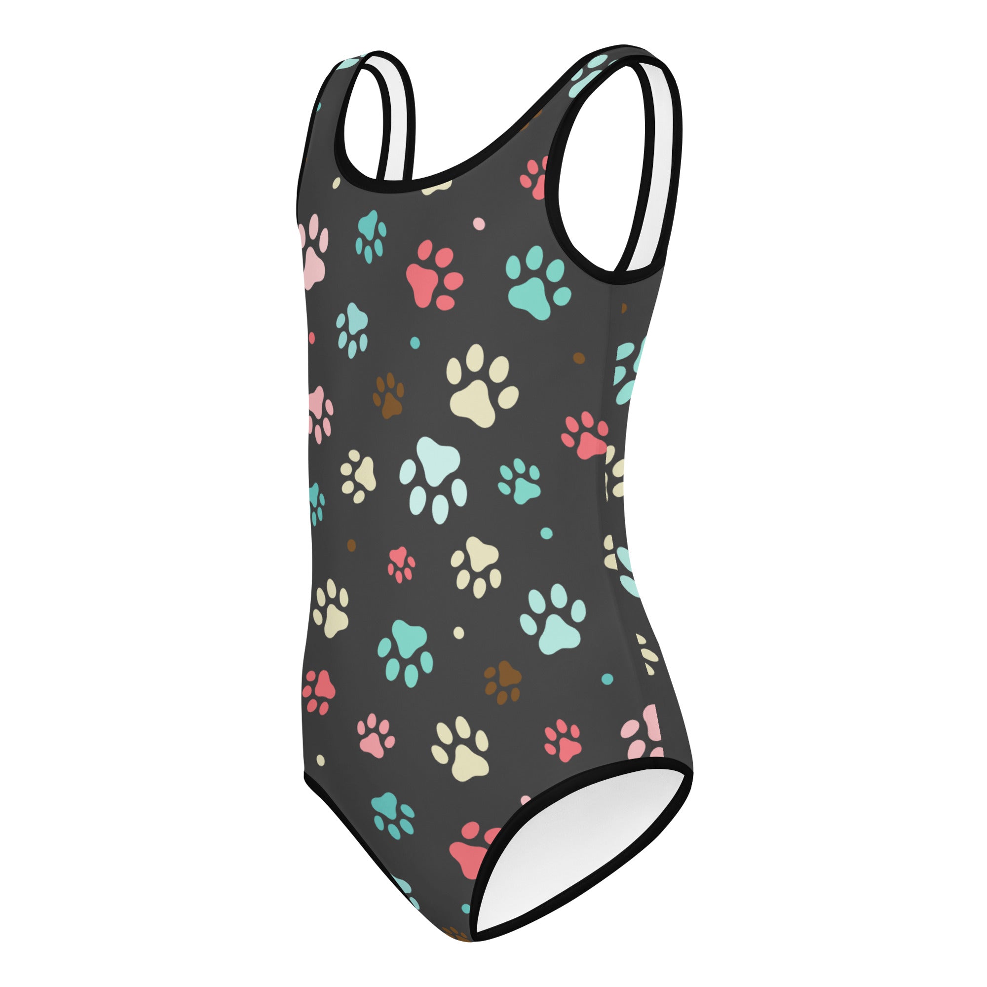 Girls colorful paw prints buttery soft black one-piece swimsuit with pink teal and beige paw prints for dance and gymnastics