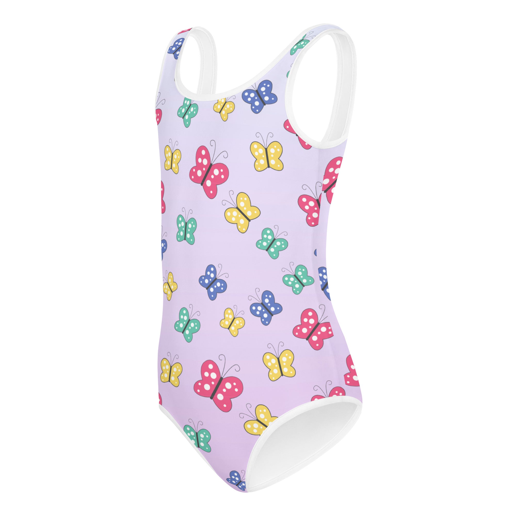Lavender girls buttery soft leotard with colorful butterfly pattern quick drying for dance and gymnastics