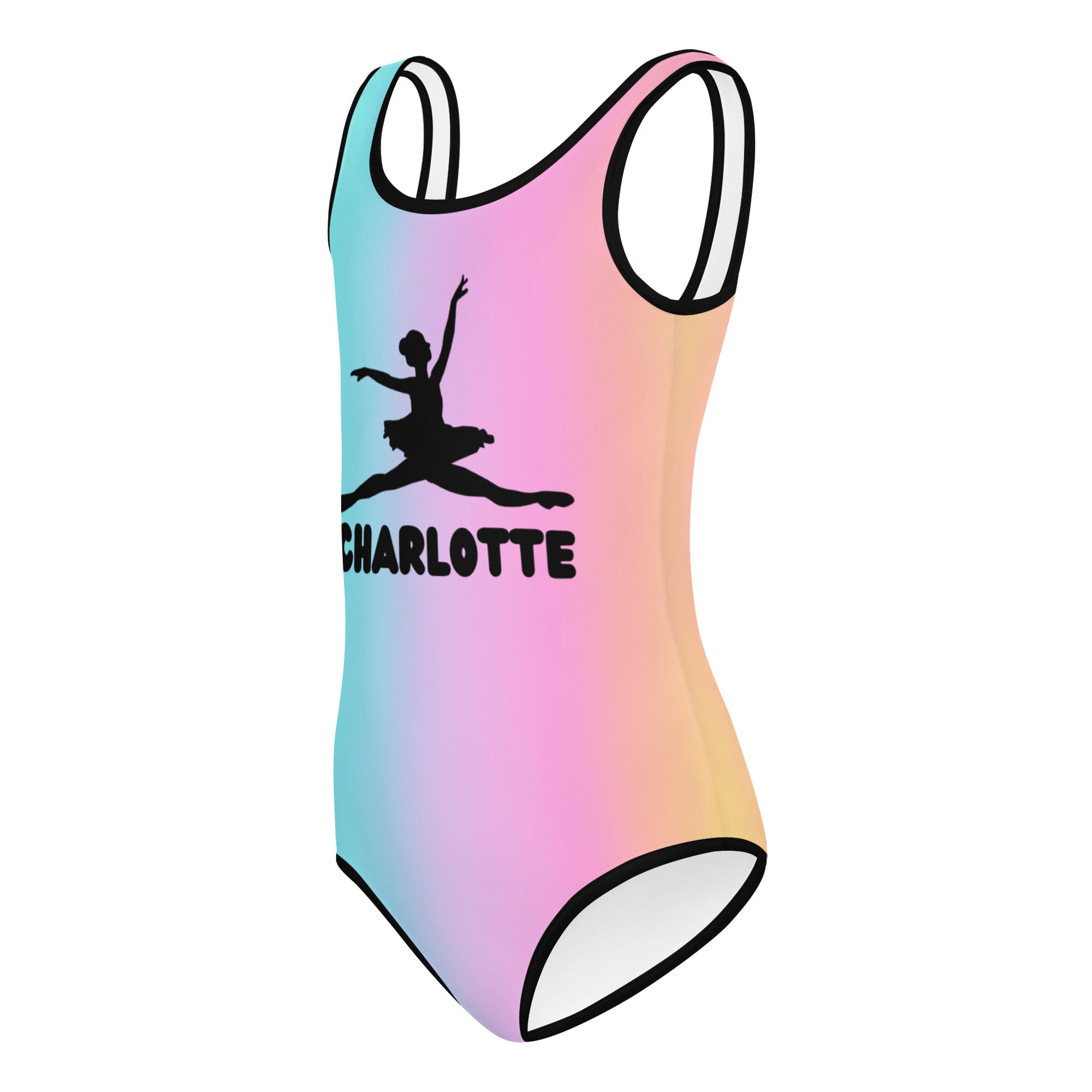 Girls custom name pastel ballerina buttery soft quick drying one-piece swimsuit with black dancer silhouette and white straps