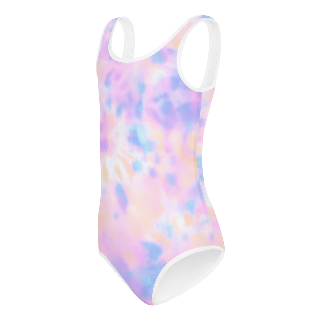 Girls pastel tie-dye one-piece leotard with white trim buttery soft quick drying for dance and gymnastics