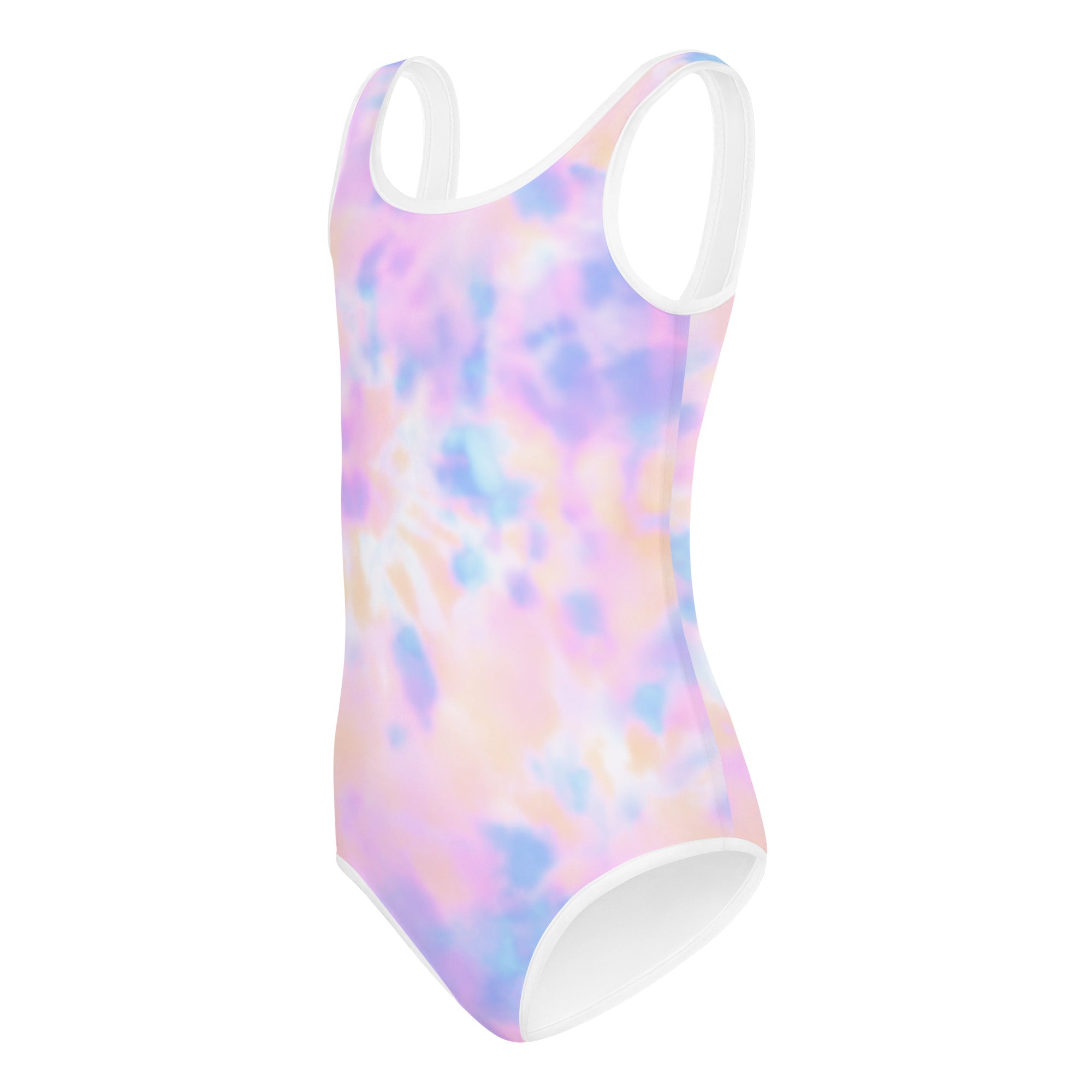 Girls pastel tie-dye one-piece leotard with white trim buttery soft quick drying for dance and gymnastics