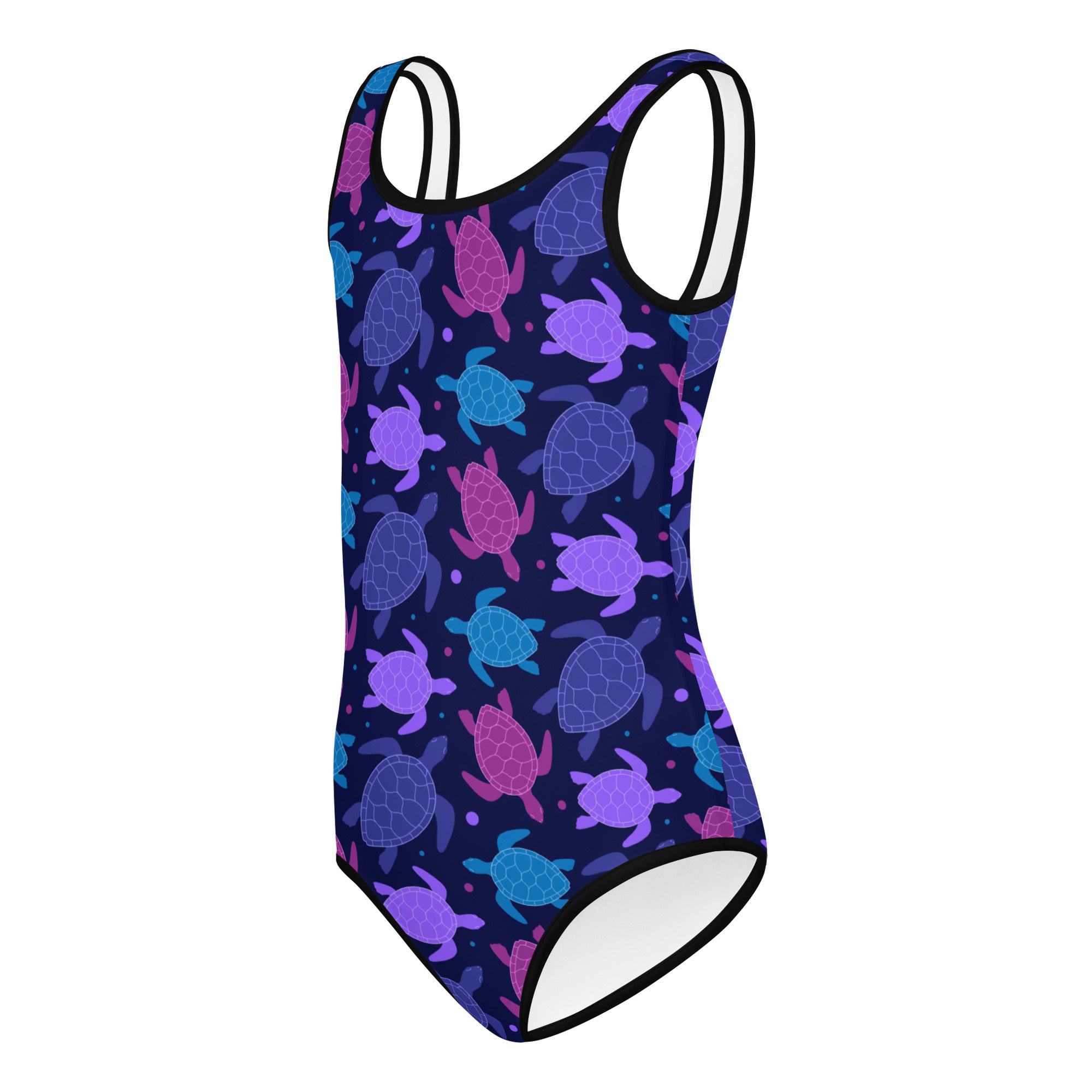 Navy blue girls one-piece swimsuit with purple pink and teal sea turtle pattern quick drying and buttery soft fabric