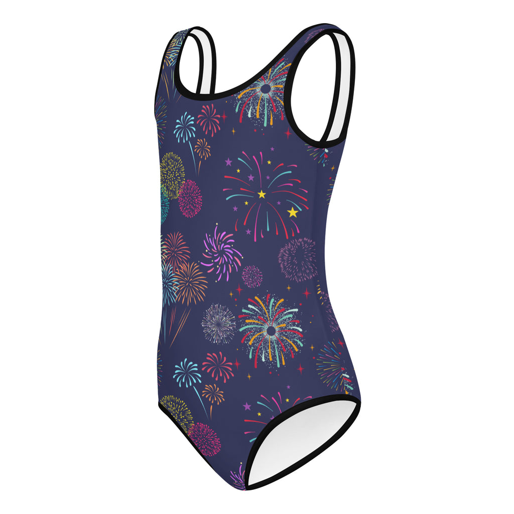 Girls fireworks celebration buttery soft navy blue leotard with vibrant fireworks pattern quick drying for dance and gymnastics
