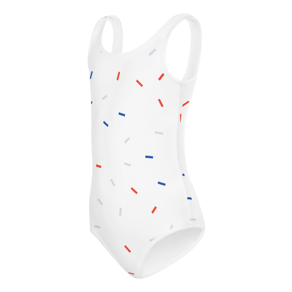 Girls red white and blue confetti usa buttery soft quick drying white one-piece swimsuit with red blue and gray stripes